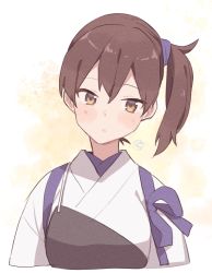 Rule 34 | 1girl, brown eyes, brown hair, commentary request, head tilt, highres, japanese clothes, kaga (kancolle), kantai collection, long hair, looking at viewer, muneate, ringo kureru, side ponytail, simple background, solo, tasuki, tsurime, upper body, white background