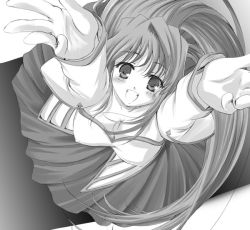 Rule 34 | 00s, 1girl, \o/, arcueid brunestud, arms up, blush, breasts, cleavage, covered erect nipples, detached sleeves, downblouse, dress, from above, greyscale, happy, large breasts, long hair, monochrome, outstretched arms, outstretched hand, q-gaku, reaching, reaching towards viewer, solo, tsukihime, very long hair