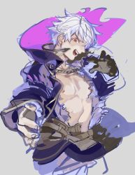Rule 34 | 1boy, bad id, bad twitter id, dark persona, fire emblem, fire emblem awakening, fire emblem heroes, grima (fire emblem), highres, kohiu, male focus, nintendo, nipple slip, nipples, open mouth, pectorals, red eyes, robe, robin (fire emblem), robin (male) (fire emblem), silver hair, simple background, sketch, solo, tan background, torn clothes, upper body