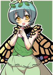 Rule 34 | 1girl, antennae, aqua hair, baby bottle, bad anatomy, blush, bottle, butterfly wings, dress, emina, eternity larva, fairy, green dress, hair between eyes, highres, holding, holding bottle, insect wings, leaf, leaf on head, multicolored clothes, multicolored dress, one-hour drawing challenge, open mouth, short hair, short sleeves, solo, touhou, upper body, wings, yellow eyes