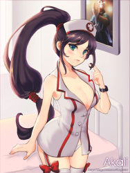 Rule 34 | 1boy, 1girl, adjusting clothes, adjusting gloves, akali, akali (legacy), alternate costume, arm support, armpits, bare shoulders, bed, bespectacled, black hair, blush, bow, breasts, brown hair, buttons, character name, cleavage, cowboy shot, cross, dakun, doctor, drawing (object), dress, garter straps, glasses, gloves, green eyes, twirling hair, hat, head tilt, high ponytail, hospital bed, indoors, lace, large breasts, league of legends, lights, long hair, looking at viewer, low-tied long hair, mask, mouth mask, no bra, nurse, nurse akali, nurse cap, official art, opaque glasses, panties, pantyshot, parted bangs, parted lips, ponytail, raised eyebrows, red cross, ribbon, scrunchie, shen (league of legends), short dress, sidelocks, surgeon shen, surgical mask, thighhighs, thighs, underwear, very long hair, watch, watermark, web address, white gloves, white panties, white thighhighs, wristwatch