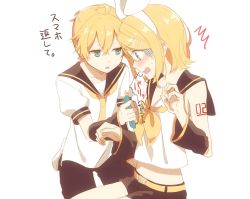 Rule 34 | 00s, 1boy, 1girl, :o, ^^^, arm tattoo, blonde hair, blue eyes, bow, brother and sister, cellphone, crop top, detached sleeves, embarrassed, hair bow, hair ornament, hairclip, half-closed eyes, highres, jam (zamuchi), kagamine len, kagamine rin, kneeling, meme, midriff, nail polish, number tattoo, object on breast, open mouth, phone, sailor collar, shirt, short hair, shorts, siblings, sleeveless, sleeveless shirt, smartphone, surprised, tape, tattoo, tawawa challenge, translation request, twins, unamused, vocaloid, wavy eyebrows, wavy mouth, yellow nails