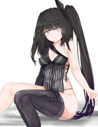 Rule 34 | 1girl, absurdres, architect (girls&#039; frontline), armpit peek, ass, asymmetrical clothes, black hair, black thighhighs, blunt bangs, blush, breasts, cleavage, cleavage cutout, closed mouth, clothing cutout, collarbone, eyes visible through hair, g-string, girls&#039; frontline, gradient hair, hair between eyes, hair ornament, hair over shoulder, hairband, heart, heart-shaped pupils, highres, knees together feet apart, long hair, long sleeves, looking at viewer, medium breasts, multicolored hair, one side up, outstretched arm, pale skin, panties, pink eyes, purple eyes, ringed eyes, ru zhai, sangvis ferri, side-tie costume, side ponytail, sidelocks, simple background, single thighhigh, sitting, skindentation, smile, solo, sweatdrop, symbol-shaped pupils, thigh strap, thighhighs, thighs, thong, underwear, very long hair, wavy mouth