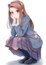 Rule 34 | 1girl, black footwear, blush, brown hair, brown jacket, closed mouth, forehead, full body, hairband, hands on own cheeks, hands on own face, idolmaster, idolmaster (classic), jacket, kneehighs, loafers, long hair, long skirt, long sleeves, looking at viewer, minase iori, miri (ago550421), plaid, plaid skirt, purple hairband, red eyes, shadow, shoes, signature, simple background, skirt, smile, socks, solo, squatting, stuffed animal, stuffed rabbit, stuffed toy, swept bangs, white background