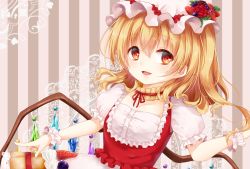Rule 34 | 1girl, alternate costume, blonde hair, buttons, choker, collarbone, crystal, fingernails, flandre scarlet, frilled sleeves, frills, hair between eyes, hat, hat ribbon, highres, index finger raised, lace, lace-trimmed skirt, lace trim, mob cap, mumu-crown, open mouth, puffy short sleeves, puffy sleeves, red eyes, red ribbon, red vest, ribbon, ribbon choker, shirt, short sleeves, side ponytail, skirt, smile, solo, touhou, upper body, vest, white shirt, wings