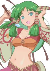 Rule 34 | 1girl, absurdres, bare shoulders, blue eyes, breasts, collarbone, feena (grandia), grandia, grandia i, green hair, hair ornament, hair tubes, highres, holding, holding whip, jewelry, k katora, long hair, looking at viewer, medium breasts, midriff, navel, necklace, open mouth, simple background, skirt, smile, solo, white background, wide sleeves