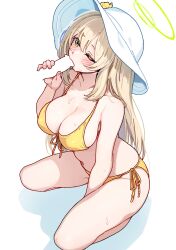 Rule 34 | 1girl, absurdres, bikini, blonde hair, blue archive, blush, breasts, censored, cleavage, commentary, disembodied penis, fellatio, flower, green eyes, halo, hat, hat flower, highres, large breasts, long hair, nonomi (blue archive), nonomi (swimsuit) (blue archive), official alternate costume, oral, penis, side-tie bikini bottom, sideboob, simple background, solo, sun hat, swimsuit, symbol-only commentary, taotao, white background, white hat, yellow bikini, yellow flower
