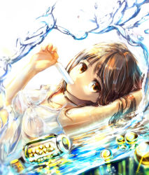 Rule 34 | 1girl, arm up, bottle, brown eyes, brown hair, cork, dress, food, gloves, highres, holding, looking at viewer, lying, marble (toy), original, popsicle, sakura ani, short hair, solo, sundress, water, wet, wet clothes