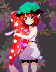 Rule 34 | 1girl, animal ears, bloomers, brown eyes, brown hair, camisole, cat ears, cat girl, cat tail, chen, earrings, female focus, fish, flower, hat, heart, highres, hug, jewelry, koi, lily (flower), lingerie, hugging object, pillow, pillow hug, red eyes, short hair, solo, sw (taco), tail, touhou, underwear, underwear only, white bloomers