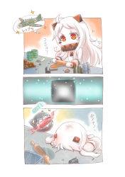 Rule 34 | 10s, 1girl, abyssal ship, ahoge, aircraft, airplane, blush, blush stickers, colored skin, dress, gameplay mechanics, hammer, horns, kantai collection, long hair, mittens, northern ocean princess, pale skin, red eyes, reppuu (kancolle), rolling pin, solo, translated, white dress, white hair, white skin, yaosera