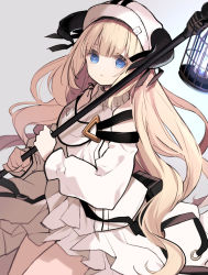 Rule 34 | 1girl, arknights, birdcage, blonde hair, blue eyes, blunt bangs, cage, cowboy shot, dress, hat, highres, holding, horns, horns through headwear, itsumi (itumiyuo), layered dress, long hair, long sleeves, looking at viewer, nightingale (arknights), parted lips, simple background, solo, very long hair, white background, white dress, white hat