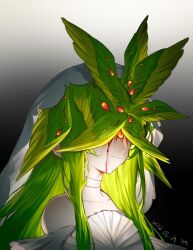 Rule 34 | 1girl, bare shoulders, black background, bleeding, blood, blood on face, choker, closed mouth, dated, extra eyes, fengchaoqu, frills, gathers, gradient background, green hair, head wings, highres, long hair, monster girl, multicolored eyes, multiple wings, original, portrait, red eyes, slit pupils, solo, veil, white background, wings, yellow eyes