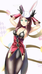 Rule 34 | 1girl, absurdres, animal ears, arms up, breasts, brown hair, rabbit ears, cleavage, closed mouth, dorothea arnault, earrings, easter egg, egg, fake animal ears, fire emblem, fire emblem: three houses, fire emblem heroes, gloves, green eyes, highres, jewelry, large breasts, long hair, nintendo, pantyhose, smile, solo, sukkirito (rangusan)