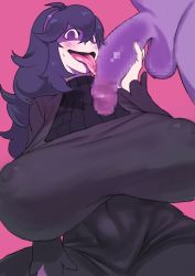 Rule 34 | 1boy, 1girl, @ @, alternate breast size, black hair, black sweater, blush, breasts, censored, colored skin, commentary request, covered erect nipples, creatures (company), dress, fellatio, game freak, gen 1 pokemon, gengar, gigantic breasts, hairband, hetero, hex maniac (pokemon), highres, huge penis, large testicles, licking, licking penis, long hair, matsuba (idiotlantern), messy hair, mosaic censoring, nail polish, nintendo, oral, pale skin, penis, pink background, pokemon, pokemon (creature), pokemon xy, pokephilia, purple dress, purple eyes, purple hairband, purple skin, ribbed sweater, sagging breasts, solo focus, sweater, testicles, tongue, tongue out