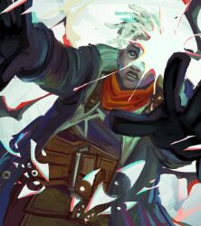 1boy arcane:_league_of_legends black_eyes black_jacket bright_pupils dark-skinned_female dark_skin ekko_(league_of_legends) explosion firelight_ekko highres jacket kinky_hair league_of_legends male_focus open_clothes open_jacket open_mouth orobeori outstretched_arms solo very_dark_skin white_hair white_pupils