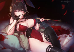 Rule 34 | 1girl, animal ears, bare shoulders, black hair, black thighhighs, blood, bloody weapon, blush, breasts, cleavage, detached collar, fake animal ears, falling petals, flower, large breasts, leotard, long hair, looking at viewer, lying, mitsu (mitsu art), navel, on back, pantyhose, petals, playboy bunny, rabbit ears, red eyes, red flower, red leotard, red rose, rose, rose petals, sidelocks, solo, spy x family, strapless, strapless leotard, thighhighs, thighs, weapon, wrist cuffs, yor briar