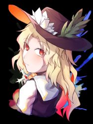 Rule 34 | 1girl, black background, blonde hair, blush, brown hat, brown vest, closed mouth, commentary request, cross, eyelashes, fedora, frilled hat, frills, gem, hat, hat feather, highres, holding, holding cross, jacket girl (dipp), kuma xylocopa, long hair, long sleeves, looking at viewer, looking back, parted bangs, red eyes, shirt, smile, touhou, upper body, vest, wavy hair, white shirt