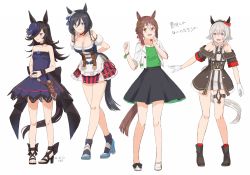 Rule 34 | 4girls, adapted costume, animal ears, apron, arms behind back, asymmetrical footwear, bare shoulders, black hair, black skirt, blue dress, blue eyes, blush, boots, breasts, brown hair, cleavage, clover hair ornament, curren chan (umamusume), dagger, dirndl, dress, eishin flash (umamusume), fine motion (umamusume), full body, german clothes, gloves, green shirt, grey hair, hair ornament, hair over one eye, hairband, hands up, high heels, highres, horse ears, horse girl, horse tail, index finger raised, jacket, jewelry, kawashina (momen silicon), knife, long sleeves, looking at viewer, medium breasts, mismatched footwear, multiple girls, necklace, open mouth, own hands together, purple eyes, rice shower (umamusume), sandals, sheath, shirt, short hair, simple background, skirt, small breasts, smile, standing, strapless, strapless dress, tail, thigh strap, toes, umamusume, waist apron, weapon, white background, white gloves, white jacket, white shirt, wristband