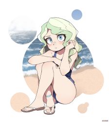 Rule 34 | 1girl, bad id, bad pixiv id, beach, blue eyes, blue one-piece swimsuit, closed mouth, crossed legs, diana cavendish, hand up, head tilt, highres, little witch academia, long hair, looking at viewer, on ground, once 11h, one-piece swimsuit, outdoors, sandals, school swimsuit, sitting, solo, swimsuit, white background, white hair