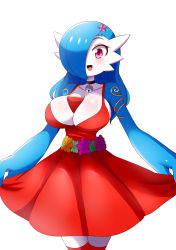 Rule 34 | 1girl, absurdres, alternate color, alternate eye color, alternate hair length, alternate hairstyle, armlet, bare shoulders, blue hair, blue skin, blush, breasts, cleavage, clothed pokemon, collarbone, colored skin, cowboy shot, creatures (company), curtsey, dress, female focus, flower, game freak, gardevoir, gen 3 pokemon, gold, hair ornament, hair over one eye, happy, highres, large breasts, long hair, looking at viewer, lucyfer, multicolored skin, nintendo, one eye covered, open mouth, orange flower, pink eyes, pink flower, pokemon, pokemon (creature), red dress, red thighhighs, shiny pokemon, simple background, sleeveless, sleeveless dress, smile, solo, standing, star (symbol), star hair ornament, thighhighs, two-tone skin, white background, white skin, wide-eyed, zettai ryouiki