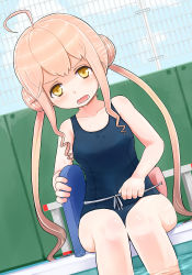 Rule 34 | 10s, 1girl, bad id, bad pixiv id, gymno, kantai collection, kickboard, long hair, makigumo (kancolle), one-piece swimsuit, open mouth, pink hair, pool, school swimsuit, solo, swimsuit, tears, water, yellow eyes