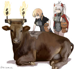Rule 34 | 2girls, animal, azur lane, blonde hair, breasts, cow, cross, crossover, fire, headgear, highres, holding, iron cross, kantai collection, large breasts, long hair, long sleeves, misumi (niku-kyu), multiple girls, pottery, prinz eugen (azur lane), prinz eugen (kancolle), shadow, short sleeves, silver hair, simple background, smile, twintails, white background