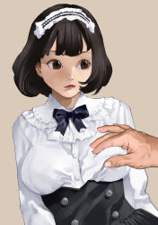 Rule 34 | 1boy, 1girl, black hair, black skirt, blouse, blue bow, blue bowtie, bow, bowtie, grabbing another&#039;s breast, breasts, brown background, brown eyes, closed mouth, corset, expressionless, frilled shirt collar, frills, grabbing, hairband, hetero, high-waist skirt, highres, inamitsu shinji, lipstick, looking to the side, makeup, medium breasts, original, red lips, shirt, shirt tucked in, short hair, simple background, skirt, solo focus, tareme, underbust, upper body, white shirt