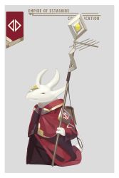 Rule 34 | 1other, capelet, closed mouth, creature, english text, grey background, half-closed eyes, highres, holding, holding staff, horns, light smile, long sleeves, looking at viewer, natori youkai, original, other focus, outline, red capelet, red eyes, red robe, robe, solo, staff, standing, wide sleeves