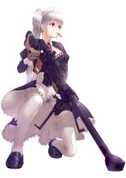 Rule 34 | 1girl, anti-materiel rifle, bullet, combat maid, full body, gloves, gun, kfr, kneeling, loafers, maid, maid headdress, mouth hold, on one knee, original, panties, pantyshot, red eyes, rifle, shoes, side ponytail, silver hair, simple background, sniper rifle, solo, striped clothes, striped panties, thighhighs, underwear, upskirt, weapon, white background, white thighhighs