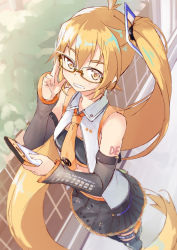 Rule 34 | 1girl, adapted costume, adjusting eyewear, ahoge, akita neru, bespectacled, black thighhighs, blonde hair, blush, bush, cellphone, detached sleeves, from above, glasses, hand up, highres, long hair, looking at viewer, looking up, midriff, necktie, outdoors, phone, ponytail, side ponytail, sidewalk, skirt, solo, thighhighs, very long hair, vocaloid, yellow eyes