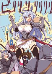 Rule 34 | 1boy, 4girls, ahoge, alternate costume, anger vein, armor, black thighhighs, blue eyes, blue headwear, blush, bone, breasts, broken plate, brown hair, cleavage, closed eyes, closed mouth, commentary request, ear covers, ear ornament, eating, emphasis lines, fang, feet out of frame, food, grey hair, hat, highres, holding, holding food, holding staff, holding sword, holding weapon, horse girl, inari one (umamusume), knight, large breasts, long hair, mask, meat, mouth mask, multicolored hair, multiple girls, oguri cap (umamusume), plate, sheath, simple background, skirt, smile, staff, streaked hair, super creek (umamusume), sword, tamamo cross (umamusume), thighhighs, twintails, umamusume, wahiko (black bastard), weapon, white hair, white skirt