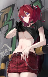 Rule 34 | 1girl, absurdres, arknights, belt, black choker, black gloves, black shirt, breasts, choker, clothes lift, commentary, demon horns, gloves, highres, horns, large breasts, lifted by self, long hair, looking at viewer, mildt, navel, no bra, official alternate costume, purple eyes, red hair, red skirt, shirt, shirt lift, short sleeves, single glove, skirt, solo, stomach, surtr (arknights), surtr (liberte echec) (arknights), underboob, very long hair