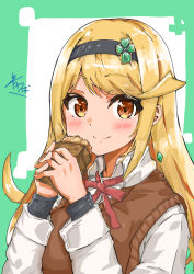 Rule 34 | 1girl, absurdres, alternate costume, blonde hair, blue fox (aoba), blush, brown vest, casual, collared shirt, contemporary, earrings, food, food request, green background, hairband, highres, jewelry, long hair, looking at viewer, mythra (xenoblade), neck ribbon, nintendo, no gloves, red ribbon, ribbon, shirt, smile, solo, swept bangs, vest, white background, white shirt, xenoblade chronicles (series), xenoblade chronicles 2, yellow eyes