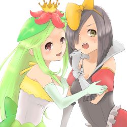 Rule 34 | 10s, 2girls, bad id, bad pixiv id, bisharp, black hair, bow, breasts, cleavage, creatures (company), crown, dress, elbow gloves, embarrassed, flower, game freak, gen 5 pokemon, gloves, green hair, hair bow, hair over one eye, lilligant, multiple girls, nintendo, open mouth, personification, pokemon, pokemon bw, red eyes, ribbon, toyosaka, yellow eyes