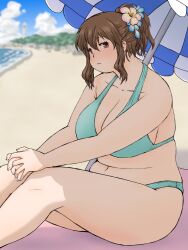 Rule 34 | 1girl, aqua bikini, beach, bikini, blue sky, breasts, brown eyes, brown hair, character request, cleavage, closed mouth, cloud, cloudy sky, collarbone, commentary request, copyright request, day, feet out of frame, flower, hair between eyes, hair flower, hair ornament, highres, huge breasts, katou (katohayabusa), large breasts, lighthouse, long hair, looking at viewer, looking to the side, navel, on ground, outdoors, own hands together, plump, pony (animal), shadow, sidelocks, sitting, sky, solo, swimsuit, thick arms, thick thighs, thighs, umbrella, water