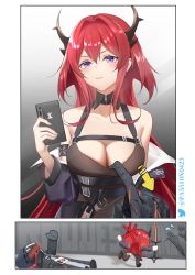 Rule 34 | 1girl, 1other, anger vein, arknights, artist name, bare shoulders, belt, black belt, black dress, black jacket, blush, breasts, chibi, cleavage, commentary request, dress, hair between eyes, hair intakes, highres, holding, hood, hooded jacket, horns, jacket, large breasts, long hair, looking at viewer, lying, off shoulder, on back, parted lips, purple eyes, red hair, ri qing, sleeveless, sleeveless dress, surtr (arknights), twitter username