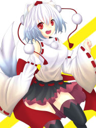 Rule 34 | 1girl, absurdres, animal ears, bare shoulders, black thighhighs, breasts, detached sleeves, happy, hat, highres, inubashiri momiji, looking at viewer, open mouth, pom pom (clothes), red eyes, ribbon, short hair, silver hair, smile, solo, spada, tail, thighhighs, tokin hat, touhou, wolf ears, wolf tail, zettai ryouiki