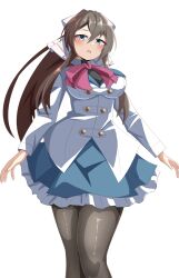 Rule 34 | 1girl, aqua eyes, arms at sides, assault lily, black footwear, black pantyhose, blue skirt, blush, bow, bowtie, breasts, brown hair, buttons, commentary, feet out of frame, frilled skirt, frills, from below, hair between eyes, hair bow, herensuge girls academy school uniform, ishitsuma canon, jacket, large breasts, long hair, long sleeves, looking at viewer, miniskirt, pantyhose, parted lips, ponytail, red bow, red bowtie, school uniform, serizawa chikaru, simple background, skirt, solo, standing, two-tone eyes, white background, white bow, white jacket, yellow eyes