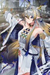 Rule 34 | 2girls, absurdres, arknights, bare shoulders, blonde hair, blue eyes, choker, coat, commentary, cowboy shot, dusk (arknights), grey hair, hair intakes, highres, horns, jewelry, long hair, long sleeves, looking at viewer, multiple girls, nanamilem, necklace, off shoulder, open clothes, open coat, pants, pointy ears, shu (arknights), siblings, sisters, smile, standing, strapless, tube top, very long hair, white coat, white pants