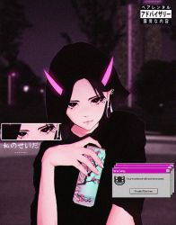 Rule 34 | 1girl, arizona (drink), black eyes, black hair, can, commentary, earrings, english commentary, english text, facial tattoo, glowing horns, highres, holding, holding can, horns, ii-deactivated-ii, jewelry, light smile, looking at viewer, original, parental advisory, solo, tattoo, upper body, window (computing)