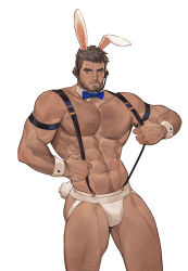 Rule 34 | 1boy, abs, absurdres, alternate costume, amo (amo9612), animal ears, arm hair, arm strap, bara, beard, blush, bow, bowtie, brown hair, bulge, chest hair, chris redfield, dark-skinned male, dark skin, detached collar, facial hair, feet out of frame, hairy, headphones, highres, jockstrap, kemonomimi mode, large pectorals, leg hair, looking at viewer, male focus, male playboy bunny, male underwear, mature male, muscular, muscular male, navel, navel hair, nipples, paid reward available, pants, pectorals, rabbit boy, rabbit ears, rabbit tail, resident evil, resident evil 5, paid reward available, short hair, smile, solo, stomach, stubble, suspenders, suspenders pull, tail, thick thighs, thighs, topless male, undercut, underwear, white male underwear