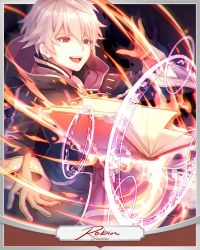 Rule 34 | 1boy, book, cape, character name, fire emblem, fire emblem awakening, floating, floating book, floating object, gloves, hood, male focus, nintendo, outside border, robin (fire emblem), robin (male) (fire emblem), short hair, smile, solo, white hair, wizard