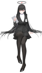 Rule 34 | 1girl, absurdres, black footwear, black hair, black halo, black pantyhose, black skirt, black vest, blue archive, blunt bangs, breasts, closed mouth, commentary request, full body, hair ornament, halo, hand up, high heels, highres, holding, holding tablet pc, knee up, kuyoumi, large breasts, long hair, long sleeves, looking at viewer, pantyhose, pleated skirt, red eyes, ribbed sweater, ringed eyes, rio (blue archive), simple background, sitting, skirt, solo, sweater, tablet pc, turtleneck, turtleneck sweater, vest, watch, white background, white sweater, wristwatch