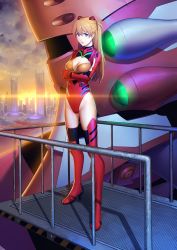 Rule 34 | 10s, 1girl, absurdres, adapted costume, blue eyes, boots, breasts, brown hair, building, cityscape, cleavage, cleavage cutout, closed mouth, clothing cutout, cloud, eva 02, evangelion: 3.0 you can (not) redo, expressionless, from side, full body, gloves, groin, hair ornament, high heel boots, high heels, highleg, highleg leotard, highres, leotard, lips, long hair, looking at viewer, mecha, medium breasts, neon genesis evangelion, orange hair, outdoors, pilot suit, plugsuit, railing, rebuild of evangelion, red footwear, red leotard, red thighhighs, rekaerb maerd, robot, skin tight, skyscraper, solo, souryuu asuka langley, standing, sunset, thigh boots, thighhighs, turtleneck, two side up