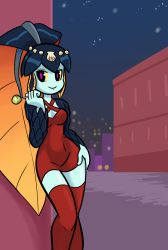 Rule 34 | 1girl, against wall, blue skin, blunt bangs, breasts, candy, casual, colored sclera, colored skin, corner, dress, fins, fish girl, food, hair ornament, hand on own hip, head fins, josue pereira, lollipop, minette (skullgirls), monster girl, narrow waist, pink eyes, red dress, red thighhighs, scales, shell, short dress, skullgirls, small breasts, smile, solo, thighhighs, yellow sclera, zettai ryouiki