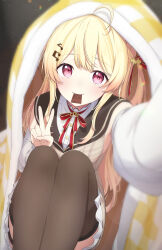 Rule 34 | 1girl, absurdres, ahoge, antenna hair, armpits, black background, black sailor collar, black thighhighs, blonde hair, blurry, blurry foreground, blush, bow, brown dress, candy, checkered blanket, chocolate, chocolate bar, commentary, covering with blanket, depth of field, detached sleeves, dress, food, food in mouth, fortissimo, hair between eyes, hair ornament, hair ribbon, highres, hololive, hololive dev is, knees up, light particles, long hair, looking at viewer, morupeusu, musical note, musical note hair ornament, neck ribbon, one side up, otonose kanade, plaid, plaid dress, reaching, reaching towards viewer, red eyes, red ribbon, ribbon, sailor collar, shirt, sitting, sleeveless, sleeveless dress, solo, solo focus, thighhighs, under covers, v, virtual youtuber, white shirt, white sleeves