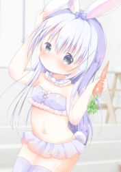 Rule 34 | 1girl, animal ears, arm up, bare arms, bare shoulders, blue eyes, blue skirt, blurry, blurry background, blush, breasts, carrot, cleavage, depth of field, fingernails, food, gochuumon wa usagi desu ka?, hair between eyes, holding, holding food, kafuu chino, kemonomimi mode, long hair, looking at viewer, miniskirt, pleated skirt, purple thighhighs, rabbit ears, rabbit girl, rabbit tail, rin (fuwarin), skirt, small breasts, solo, tail, thighhighs, twitter username, very long hair, white hair