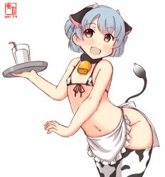 Rule 34 | 1girl, alternate costume, animal ears, animal print, apron, artist logo, bell, bikini, bikini top only, blue hair, bottomless, commentary request, covered erect nipples, cow ears, cow horns, cow print, cow tail, cowbell, cowboy shot, dated, double bun, fake animal ears, fake horns, frilled apron, frills, hair bun, highres, horns, kanon (kurogane knights), kantai collection, micro bikini, one-hour drawing challenge, samuel b. roberts (kancolle), short hair, simple background, solo, swimsuit, tail, thighhighs, waist apron, white apron, white background, white bikini, white thighhighs, yellow eyes