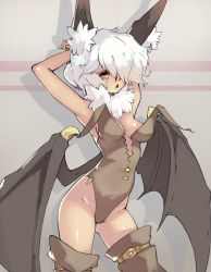 Rule 34 | 1girl, absurdres, animal ear fluff, animal ears, arms behind back, bat ears, bat wings, breasts, brown leotard, brown thighhighs, clip studio paint (medium), commentary, contrapposto, cowboy shot, draculina (vins-mousseux), english commentary, hair over one eye, hands up, highleg, highleg leotard, highres, leotard, looking at viewer, low wings, medium breasts, one eye covered, orange eyes, original, parted lips, perky breasts, slit pupils, solo, thighhighs, vins-mousseux, white hair, wings