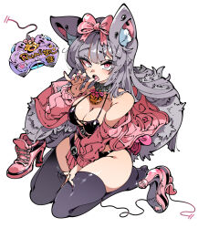 Rule 34 | 1girl, :p, animal ear fluff, animal ears, bell, belt, black belt, black thighhighs, breasts, cat ears, cat girl, cat tail, cleavage, collar, commission, controller, game controller, gamepad, hair ribbon, high heels, indie virtual youtuber, jacket, jingle bell, kafun, large breasts, licking, licking finger, long hair, long sleeves, looking at viewer, neck bell, off shoulder, open clothes, open jacket, open mouth, panties, pantyshot, pink eyes, pink jacket, pink ribbon, pink skirt, pleated skirt, ribbon, rumihime, seiza, simple background, sitting, skeb commission, skirt, tail, thighhighs, tongue, tongue out, underwear, virtual youtuber, white background